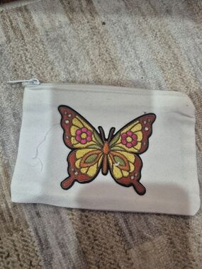 White Canvas Pouch with Colorful Butterfly Patch